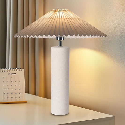 Lámpara de Mesa de Cerámica Giratoria - Pantalla Plisada. Blanca.