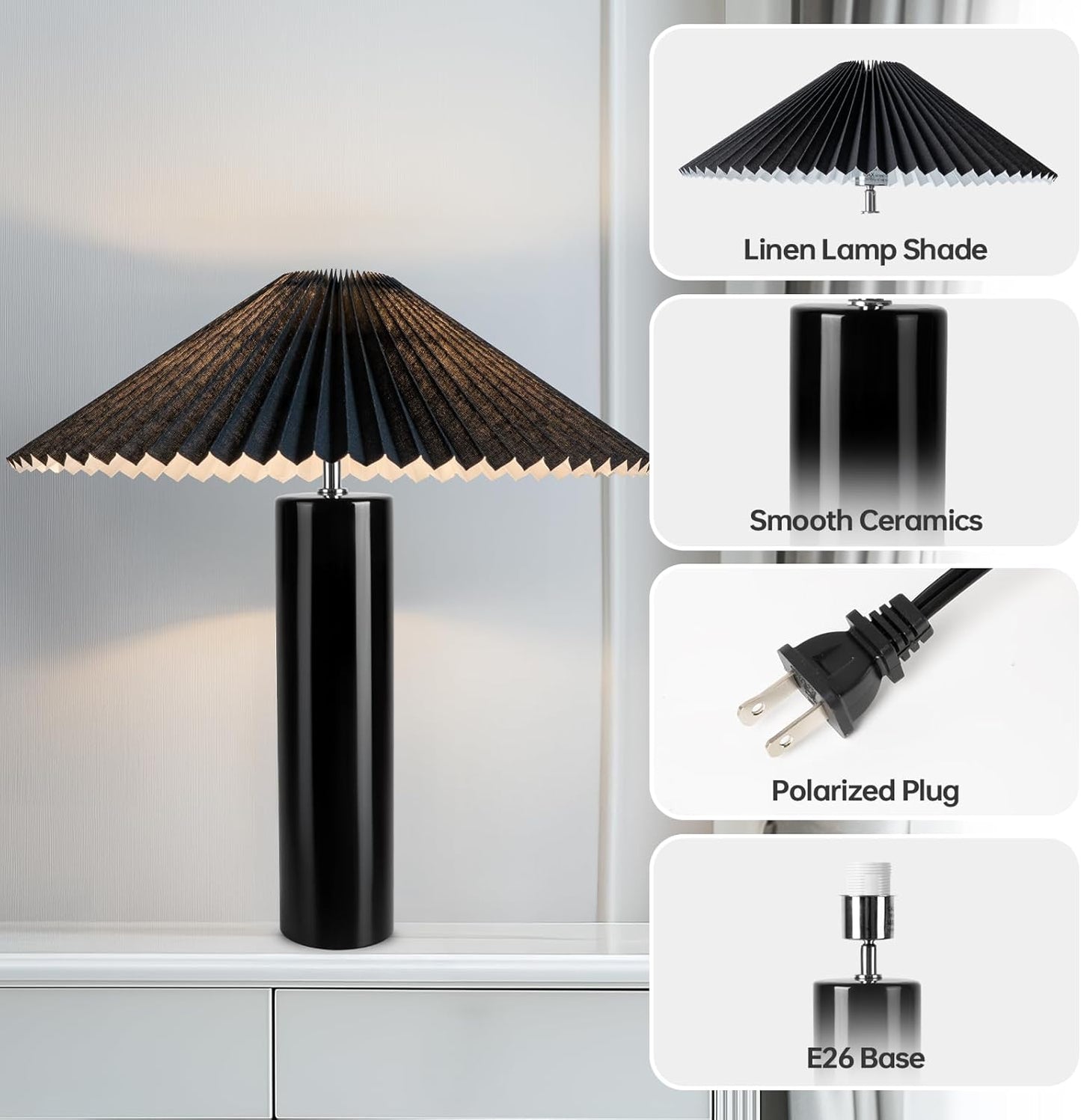 Lámpara de Mesa de Cerámica Giratoria - Pantalla Plisada. Negra.