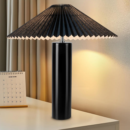 Lámpara de Mesa de Cerámica Giratoria - Pantalla Plisada. Negra.